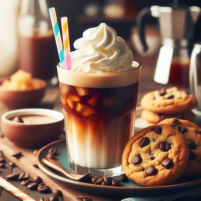 Iced coffee with whipped cream and chocolate chip cookies
