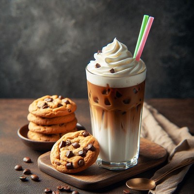 Iced coffee with whipped cream and chocolate chip cookies