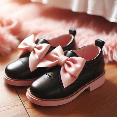 Black leather shoes with pink bows
