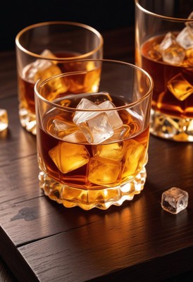 Whiskey with ice on wooden table