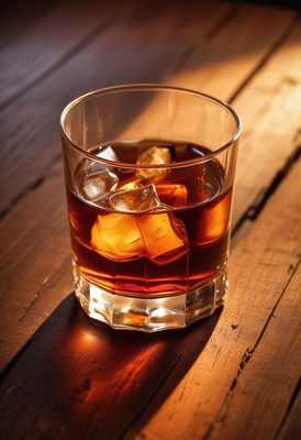 Whiskey on wooden table with ice