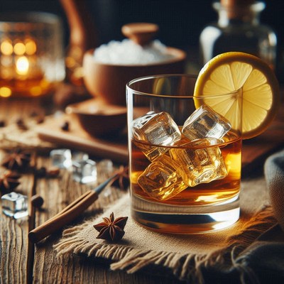 Whiskey with ice and lemon on wooden table