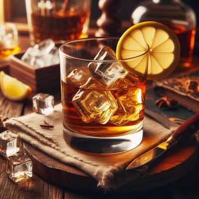 Whiskey with ice and lemon on wooden table