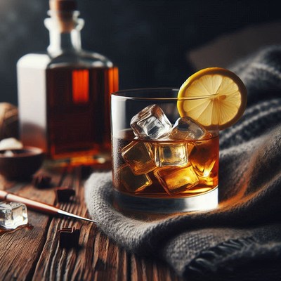 Whiskey with ice and lemon on wood