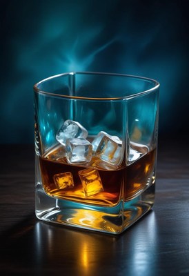 Whiskey on the rocks with blue background