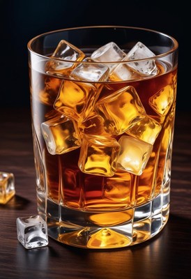 Whiskey with ice on wooden surface