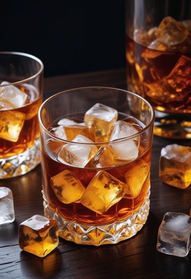 Whiskey and ice on wood table