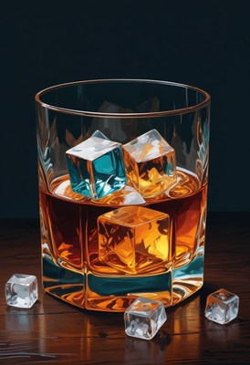 Whiskey glass with ice cubes