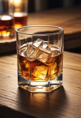 Whiskey on the rocks, wooden table