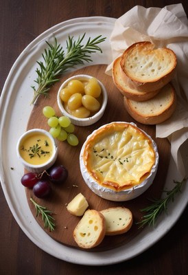 Baked brie with toasted bread and grapes