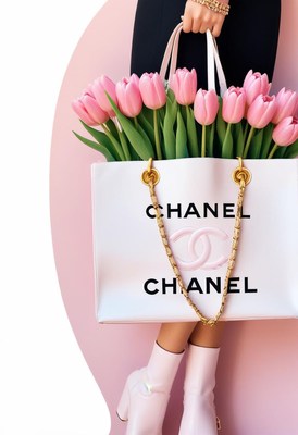 Woman holding pink tulips in chanel bag