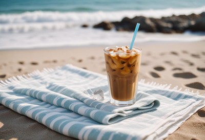 Iced coffee on beach towel