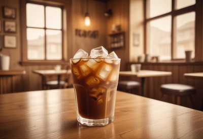 Iced coffee on wooden table