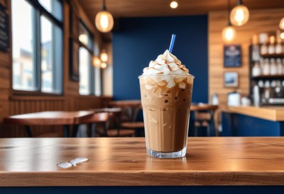 Iced coffee with whipped cream in cafe