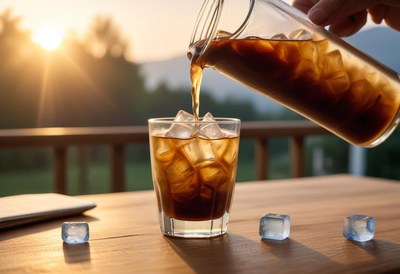 Iced coffee being poured at sunset