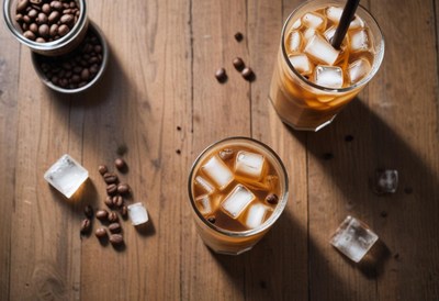 Iced coffee on wooden table