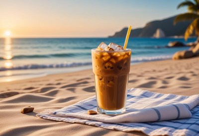 Iced coffee on a beach at sunset