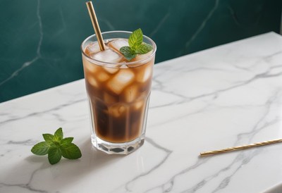 Iced coffee with mint on marble