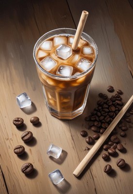 Iced coffee and coffee beans on wood