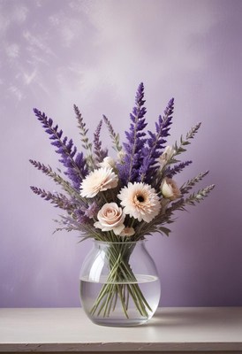 Lavender and white flower bouquet in vase