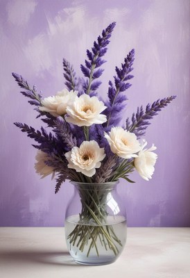 White flowers and lavender in a vase