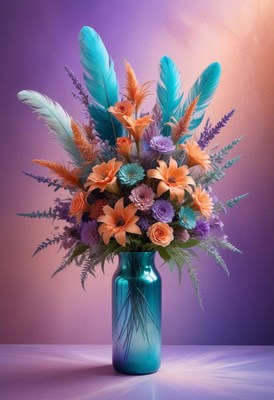 Colorful flower arrangement in teal vase