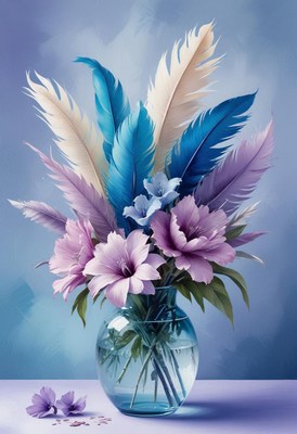 Purple flowers and feathers in a vase