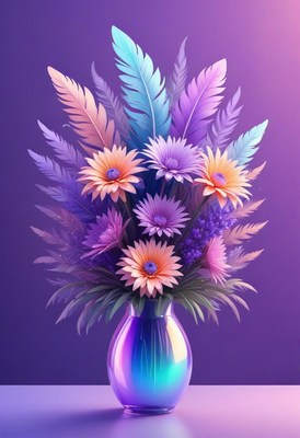 Colorful flowers in vase against purple background