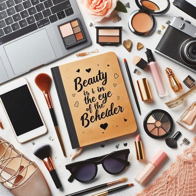 Beauty products and notebook with quote