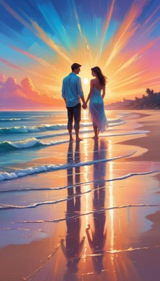 Couple walking on beach at sunset