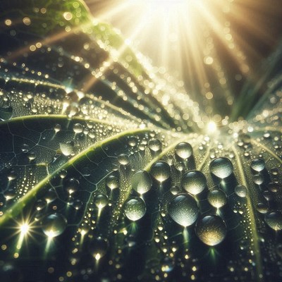 Dewdrops on a leaf in sunlight