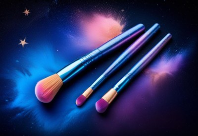 Blue makeup brushes on galaxy background