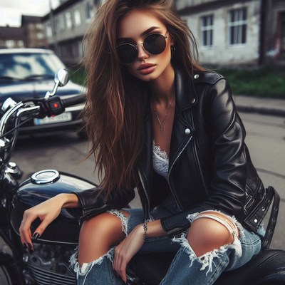 Woman in leather jacket on motorcycle