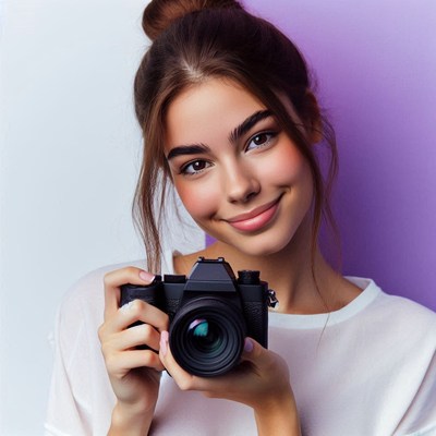 Woman holding camera in front of purple wall