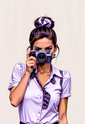 Woman taking photo with vintage camera