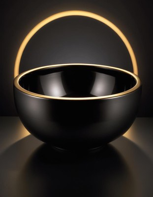 Black bowl with gold trim under light