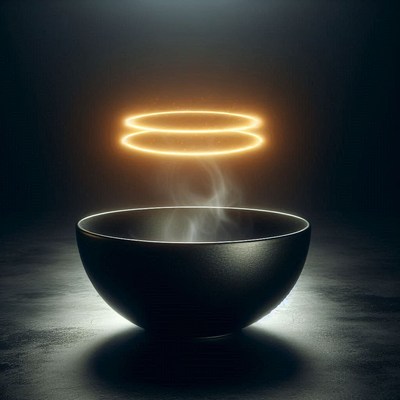 Black bowl with halo and steam