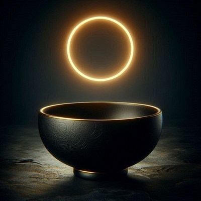 Black bowl with golden rim and glowing ring