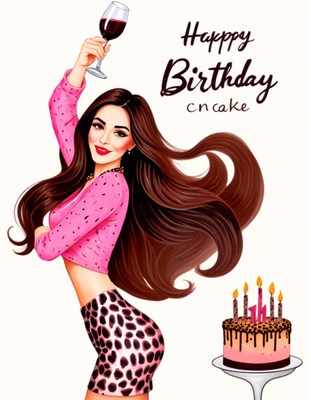 Woman celebrating birthday with cake and wine