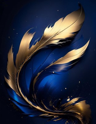 Golden feathers on blue background