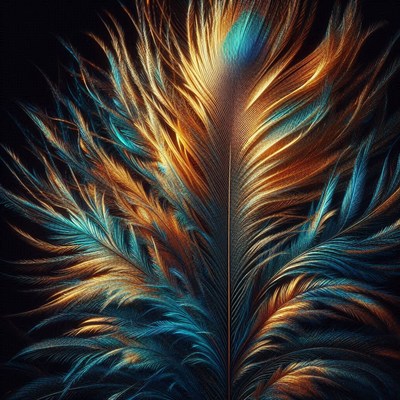 Golden and teal peacock feather close-up