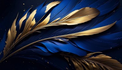Golden feathers on blue background