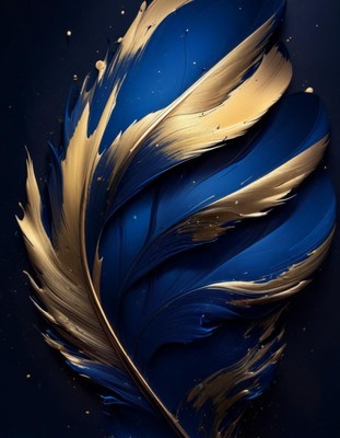 Golden feather on blue background