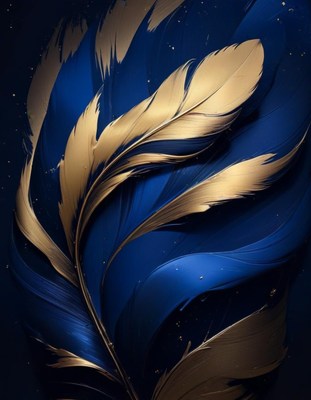 Gold feathers on blue background