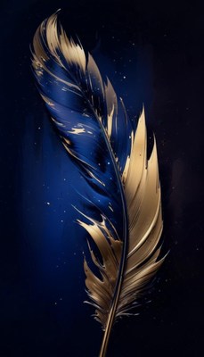 Golden feather on blue background