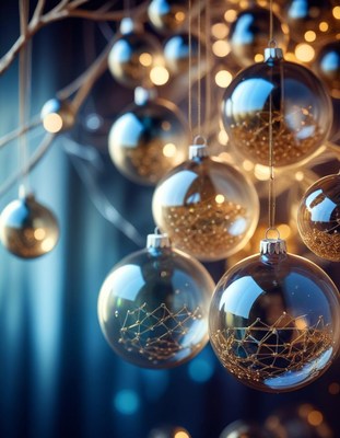 Glass ornaments hanging against blue background