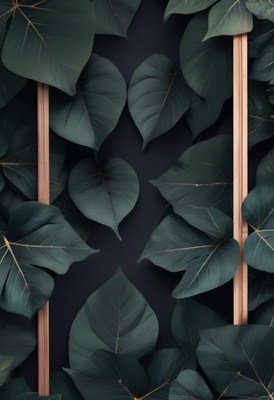 Green leaves and wooden sticks