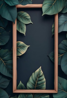 Wooden frame surrounded by green leaves
