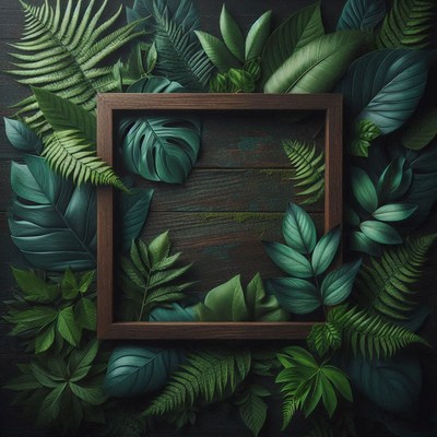 Wooden frame surrounded by green leaves