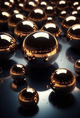 Shiny gold spheres on blue surface